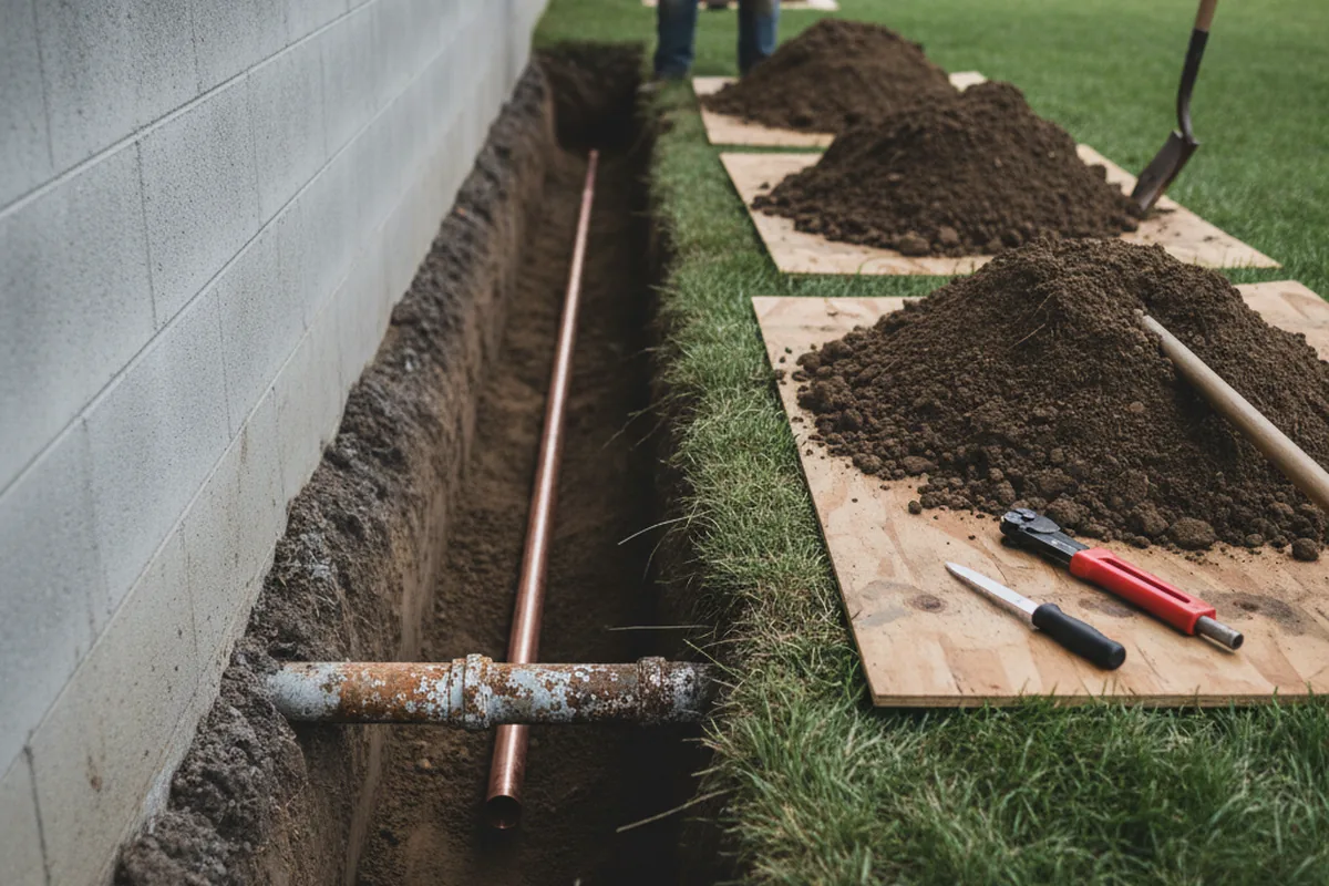 Excavated water line trench during Sewer Line Repair in Cape Charles